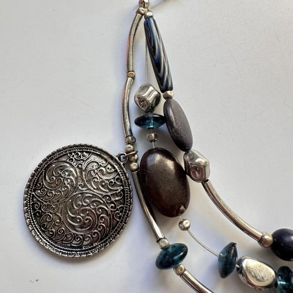 Chico's Silver Tone Layered Beaded Statement Necklace Brown Blue‎ Southwestern